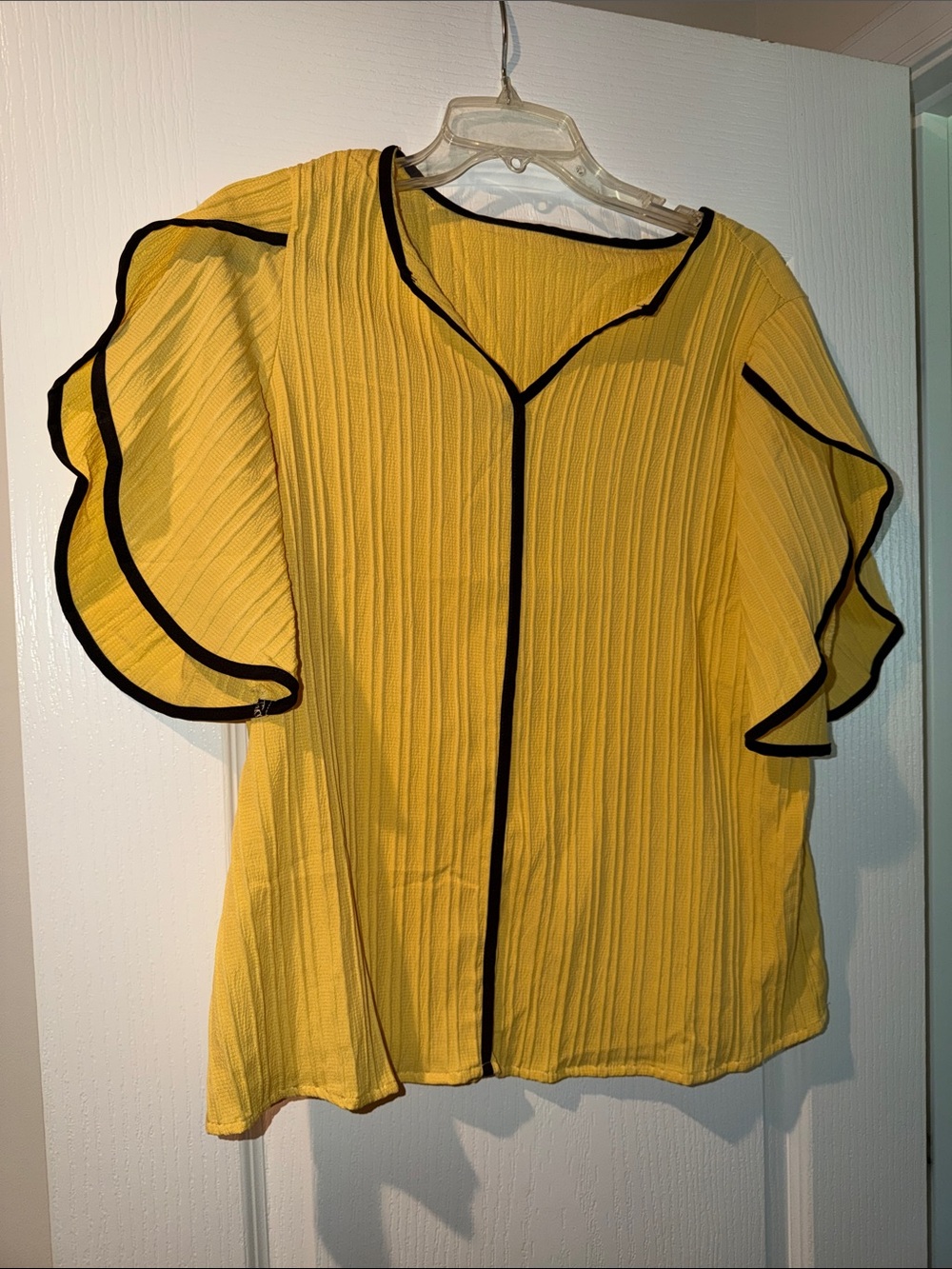 SHEIN Yellow Flutter Sleeve Blouse with Black Trim